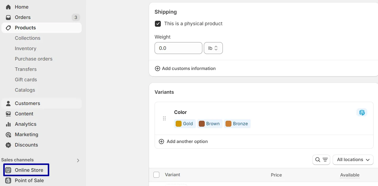 Your color options are set up; tap the “Online Store” option